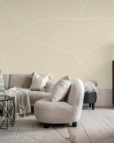 Tapet cu design abstract minimalist, cu linii subtile și curbe delicate, în nuanțe de bej.
