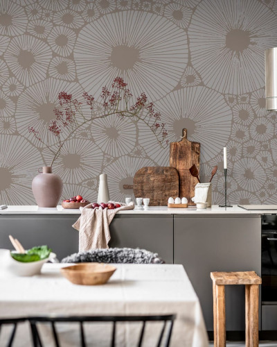 Tapet geometric modern Bold Coral, Gray, cu cercuri suprapuse in nuante de coral si gri.
