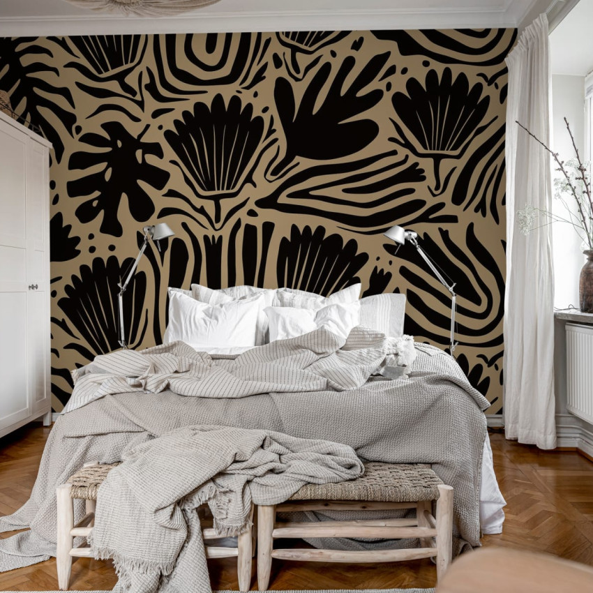 Tapet cu design abstract, cu flori mari și tonuri calde de teracotă