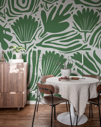 Tapet Abstract Blossoms, Green cu un model modern, cu flori abstracte, in nuante de verde.