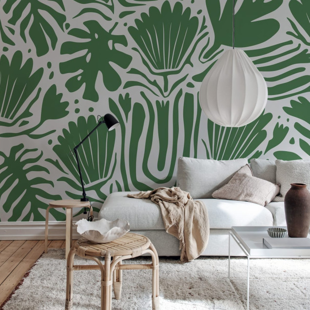 Tapet Abstract Blossoms, Green cu un model modern, cu flori abstracte, in nuante de verde.