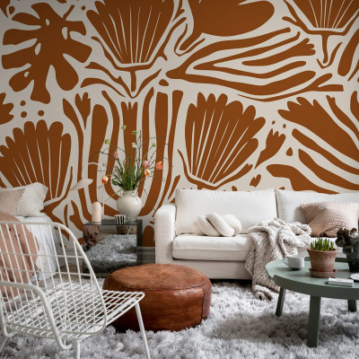 Tapet cu design abstract, cu flori mari și tonuri calde de teracotă