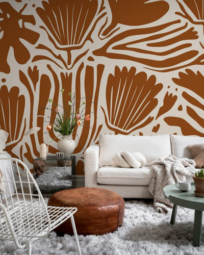 Tapet cu design abstract, cu flori mari și tonuri calde de teracotă