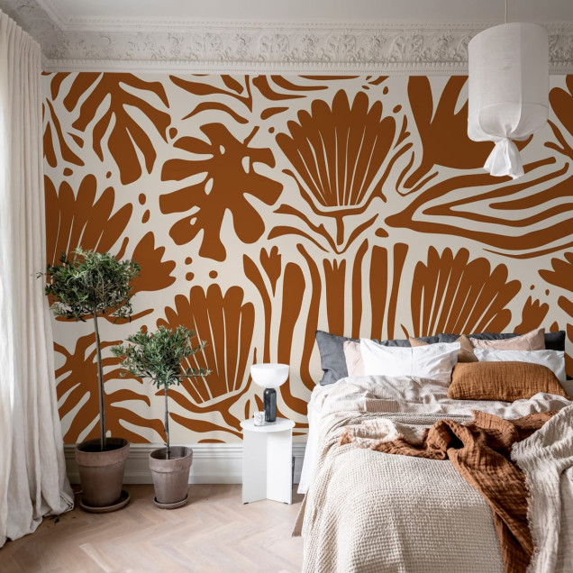 Tapet cu design abstract, cu flori mari și tonuri calde de teracotă