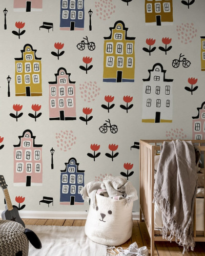 Tapet cu design dulce și colorat, cu model drăguț, cu case, flori și biciclete, pe un fundal pastelat.