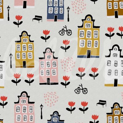Tapet cu design dulce și colorat, cu model drăguț, cu case, flori și biciclete, pe un fundal pastelat.