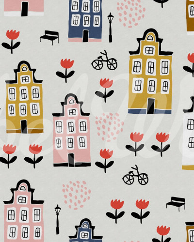 Tapet cu design dulce și colorat, cu model drăguț, cu case, flori și biciclete, pe un fundal pastelat.