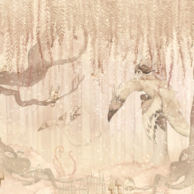 Tapet cu design magic Dream Forest Girl - Sandy Pink, cu o fetita care zboara pe un animal fabulos intr-o padure de vis