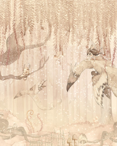 Tapet cu design magic Dream Forest Girl - Sandy Pink, cu o fetita care zboara pe un animal fabulos intr-o padure de vis