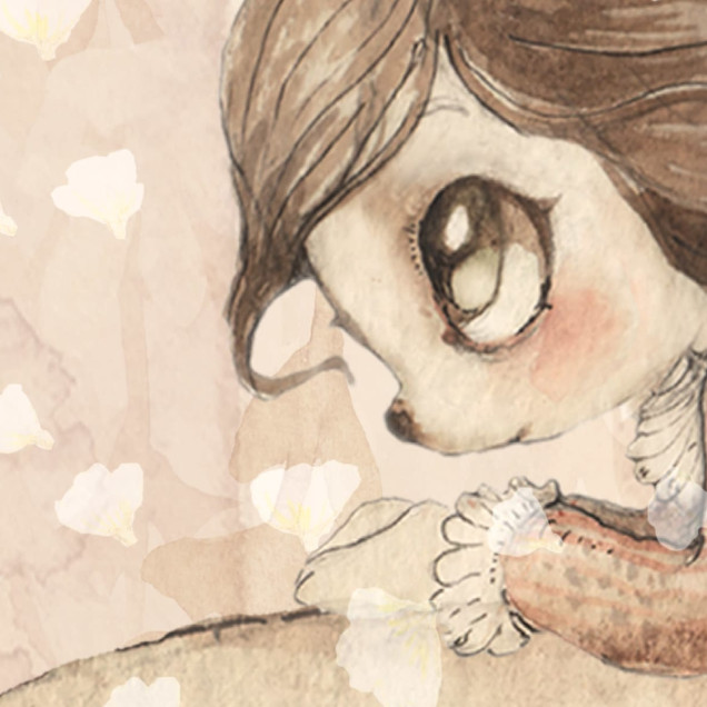 Tapet cu design magic Dream Forest Girl - Sandy Pink, cu o fetita care zboara pe un animal fabulos intr-o padure de vis