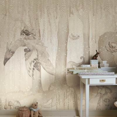 Dream Forest Girl Off White wallpaper with a girl flying on a mythical creature through a dreamy forest