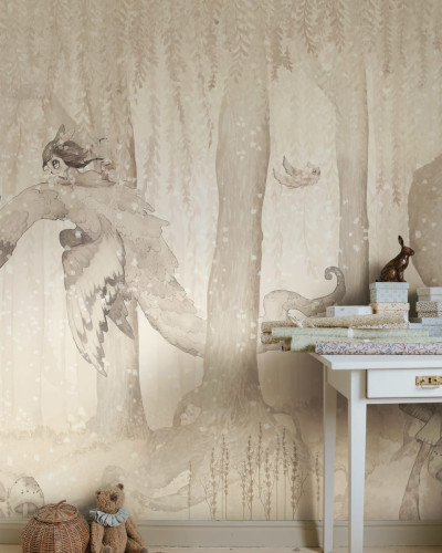 Dream Forest Girl Off White wallpaper with a girl flying on a mythical creature through a dreamy forest