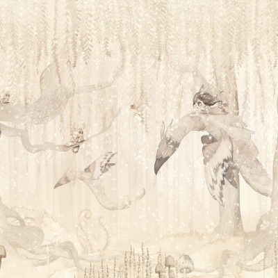 Dream Forest Girl Off White wallpaper with a girl flying on a mythical creature through a dreamy forest