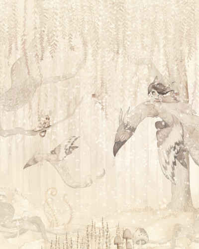 Dream Forest Girl Off White wallpaper with a girl flying on a mythical creature through a dreamy forest