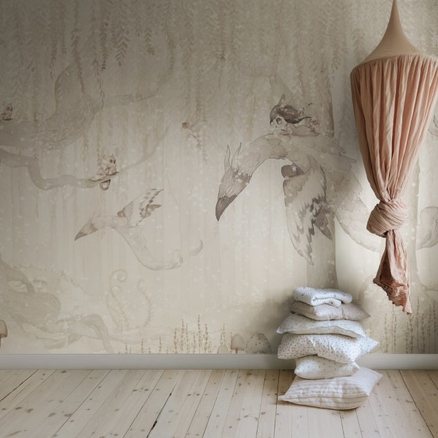 Dream Forest Girl Off White wallpaper with a girl flying on a mythical creature through a dreamy forest