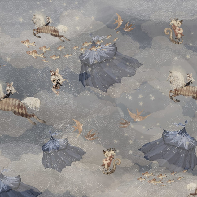 Tapet Flying Circus Sky Blue, cu cai zburători, păsări și personaje adorabile.