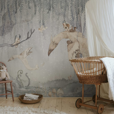 Dream Forest Boy, Blue Gray - tapet pentru camera copiilor cu un design delicat și culori pastelate