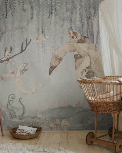 Dream Forest Boy, Blue Gray - tapet pentru camera copiilor cu un design delicat și culori pastelate