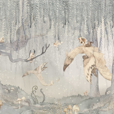 Dream Forest Boy, Blue Gray - tapet pentru camera copiilor cu un design delicat și culori pastelate