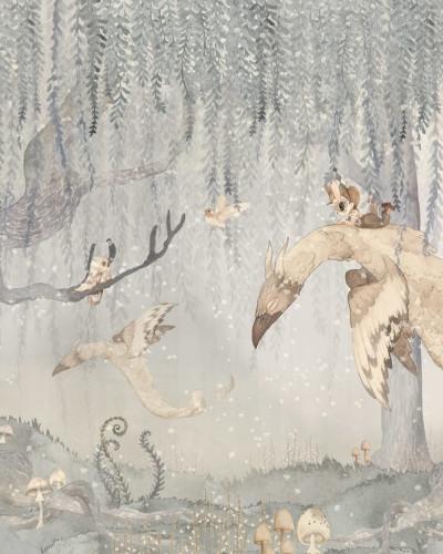 Dream Forest Boy, Blue Gray - tapet pentru camera copiilor cu un design delicat și culori pastelate