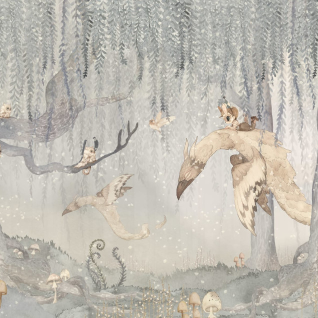 Dream Forest Boy, Blue Gray - tapet pentru camera copiilor cu un design delicat și culori pastelate