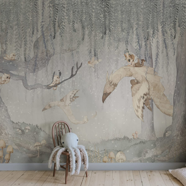 Dream Forest Boy, Blue Gray - tapet pentru camera copiilor cu un design delicat și culori pastelate