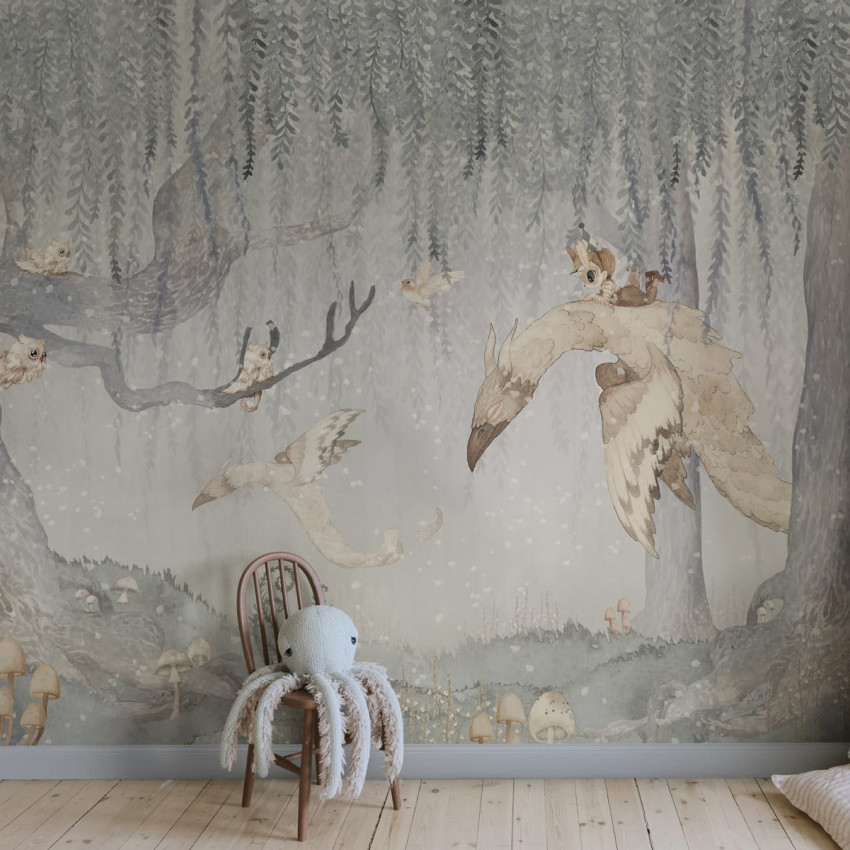 Tapet cu Imagine Dream Forest Boy, Green, un băiat pe un dragon, o pădure magică, culori pastelate