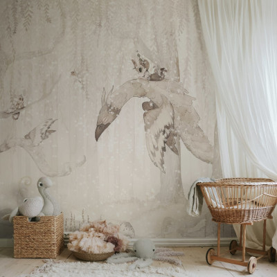 Tapet cu design de poveste, Dream Forest Boy Off White, cu o imagine delicata a unui baiat care zboara pe o pasare magica printre copaci si nori.