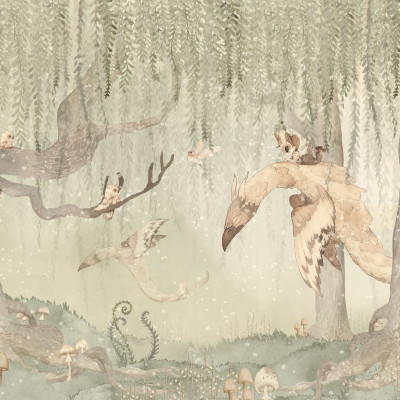 Tapet cu Imagine Dream Forest Boy, Green, un băiat pe un dragon, o pădure magică, culori pastelate