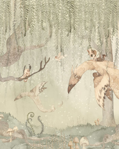 Tapet cu Imagine Dream Forest Boy, Green, un băiat pe un dragon, o pădure magică, culori pastelate