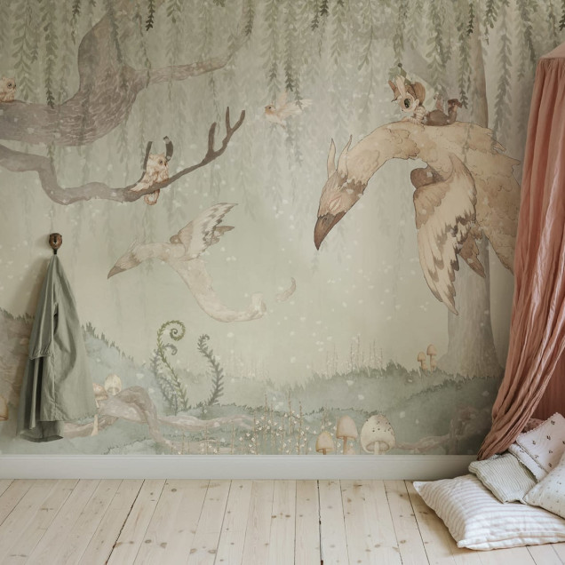Tapet cu Imagine Dream Forest Boy, Green, un băiat pe un dragon, o pădure magică, culori pastelate