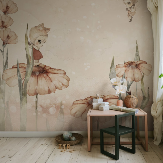 Bloomy Fields of Marion, Pink tapet, cu un design delicat, în culori pastelate, cu personaje adorabile.