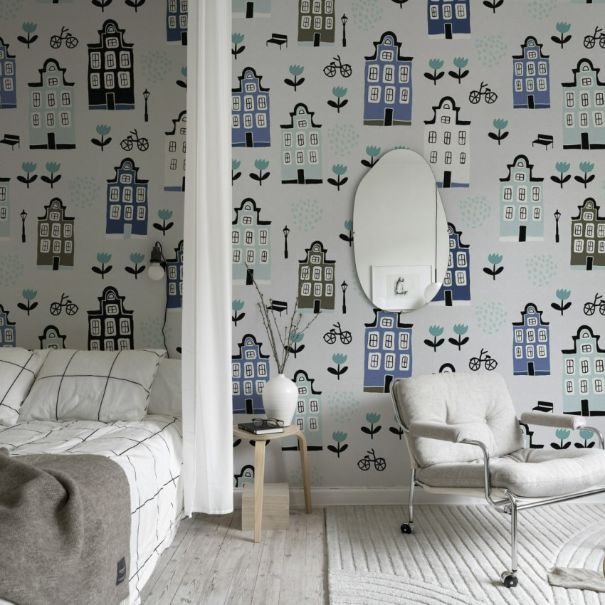 Wallpaper cu casute pentru camera copiilor Sweet Town, Grey