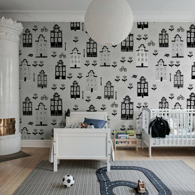 Wallpaper cu casute pentru camera copiilor Sweet Town, Grey