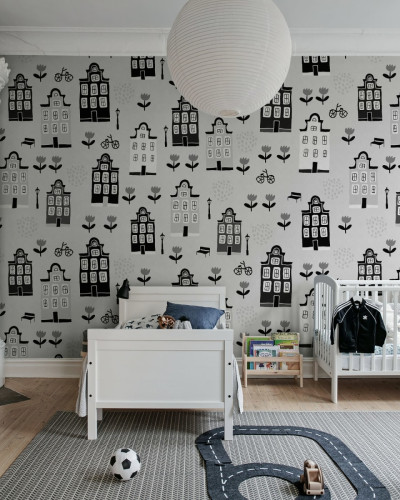 Wallpaper cu casute pentru camera copiilor Sweet Town, Grey