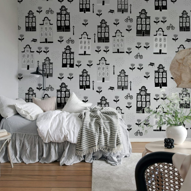 Wallpaper cu casute pentru camera copiilor Sweet Town, Grey