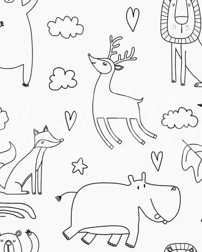 Tapet cu desene amuzante de animale, în alb și negru
