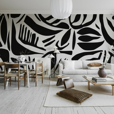 Tapet Abstract Leafs Black & White - un design modern cu frunze abstracte în negru și alb
