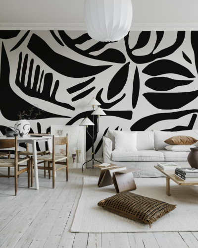 Tapet Abstract Leafs Black & White - un design modern cu frunze abstracte în negru și alb