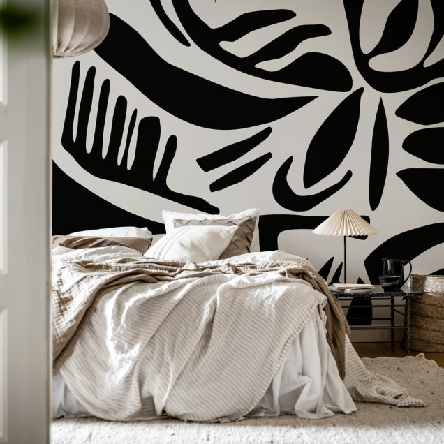 Tapet Abstract Leafs Black & White - un design modern cu frunze abstracte în negru și alb