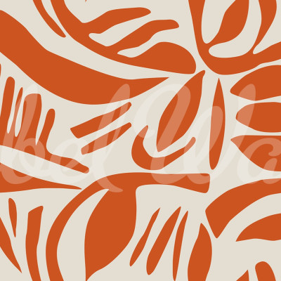 Tapet abstract cu frunze in nuante de terracotta, aplicat pe un perete in living,  arată o masă de dining, scaune, un dulap și o canapea