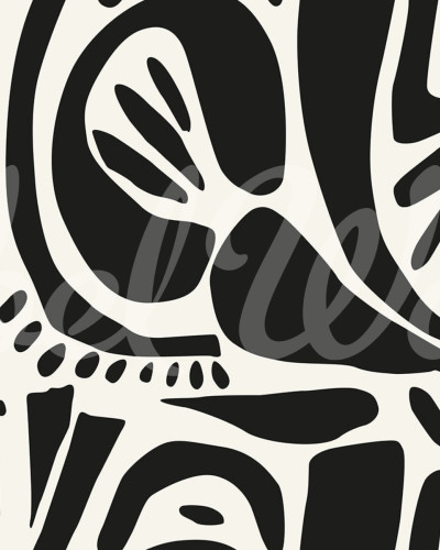 Tapet abstract cu design geometric, negru și alb, în living.