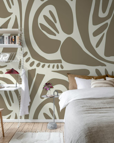 Tapet abstract bej si maro cu forme organice si curbe subtile, ideal pentru dormitor, living sau birou.
