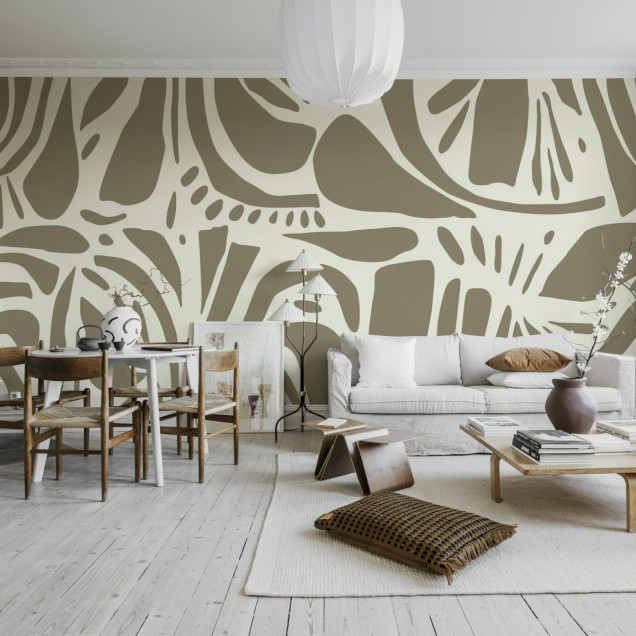Tapet abstract bej si maro cu forme organice si curbe subtile, ideal pentru dormitor, living sau birou.
