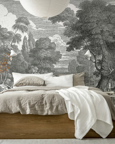 Tapet cu design clasic, inspirat din gravuri vechi, cu o scenă de pădure
