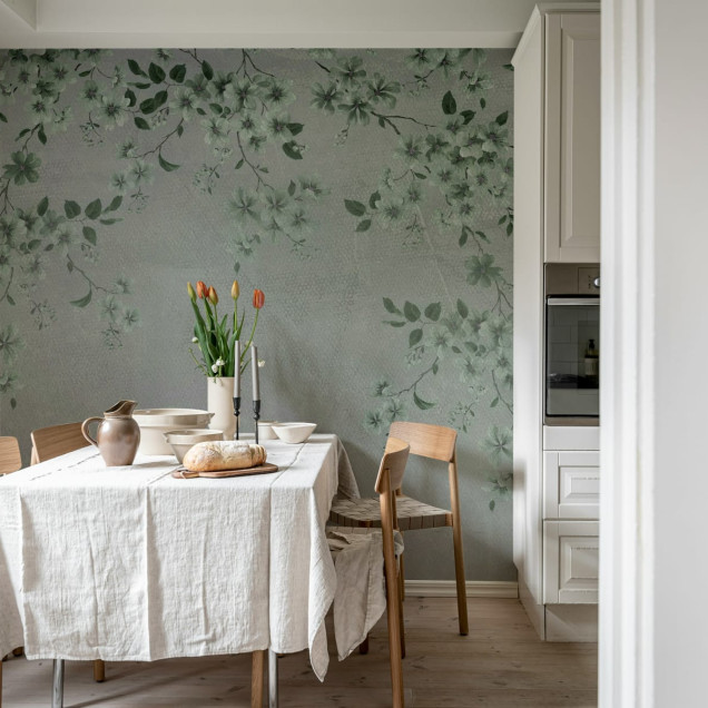Tapet floral cu un design minimalist in nuante de gri, perfect pentru dormitor.