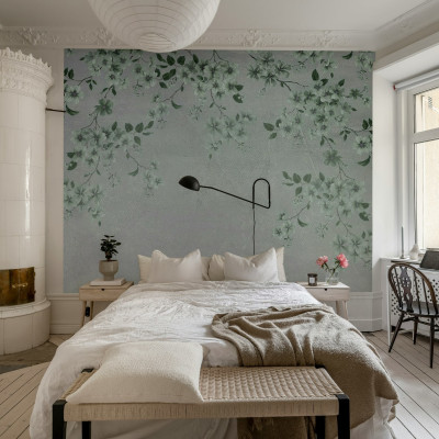 Tapet floral cu un design minimalist in nuante de gri, perfect pentru dormitor.