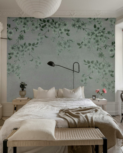 Tapet floral cu un design minimalist in nuante de gri, perfect pentru dormitor.