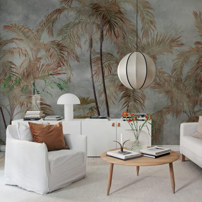 Tapet Palm Trees, Gray cu palmieri stilizați pe un fundal gri-verde.