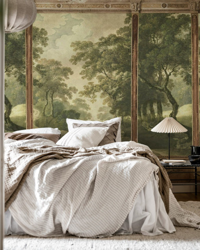 Fototapet cu design Woodland Panels, Green într-un dormitor
